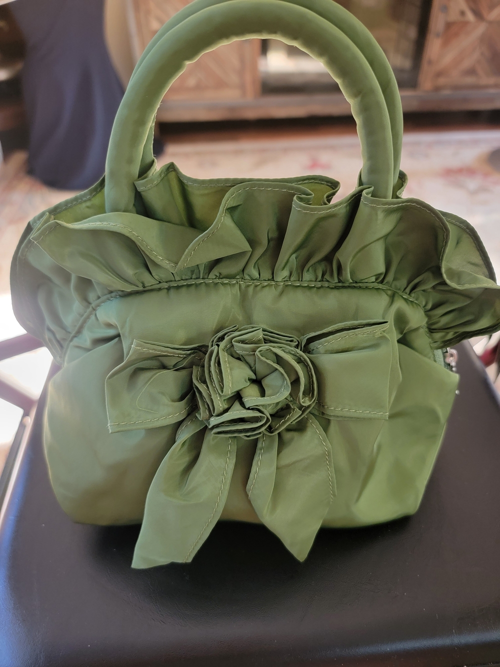 Olive Green Ruffle Mini Top-Handle Bag with Floral Accent